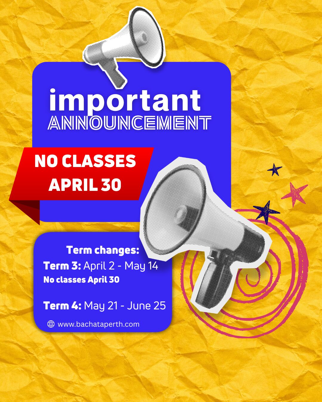 No Classes April 30! Term date changes